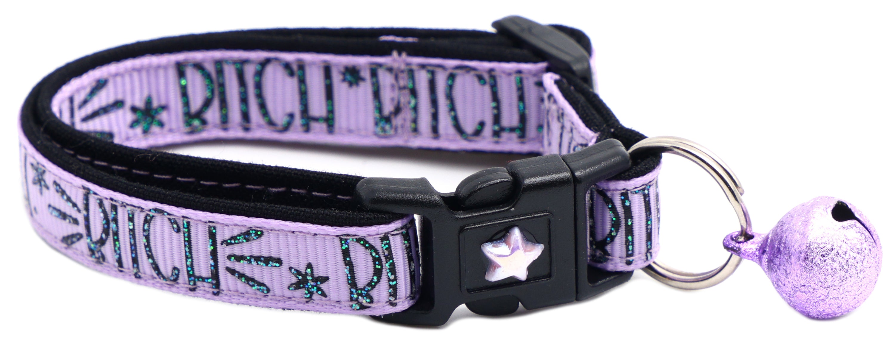 Bitch 2 Breakaway Cat Collar in reinforced cotton with breakaway clips and removable bell, available in various sizes.